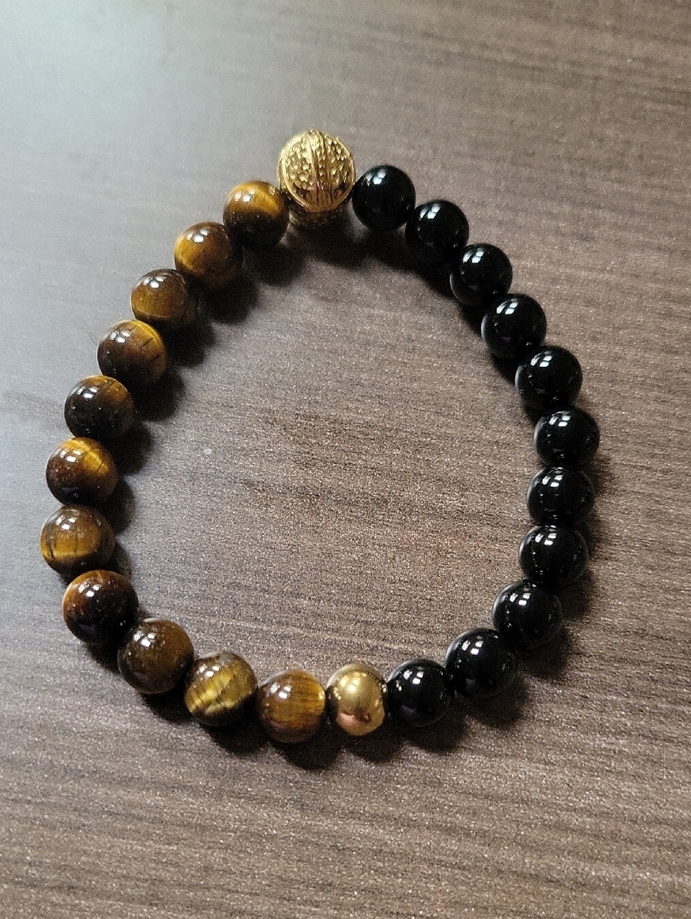 Tiger Eye and Black Bead Stretch Bracelet with Gold Accents